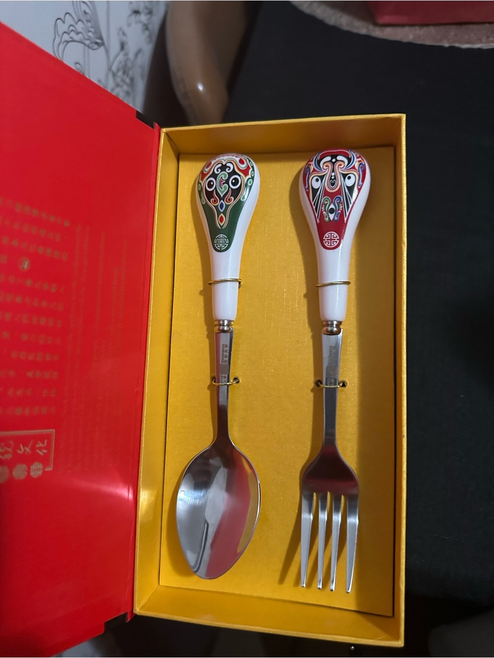 Decorative White Red & Green Porcelain-Handle Spoon and Fork Set